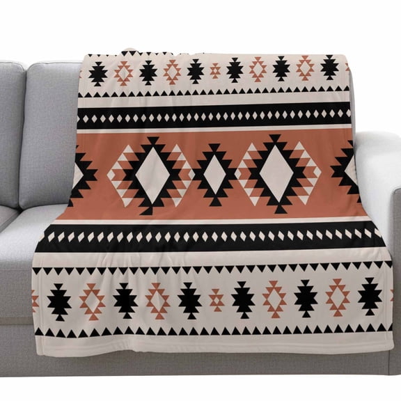 Abstract Stripes Fleece Throw Blanket Lightweight Black Orange Aztec Native Tribal Stripes Linen Texture Fuzzy Flannel Throws Super Soft Cozy Flannel Blanket for Couch, Sofa, Bed, Travel 50"x80"