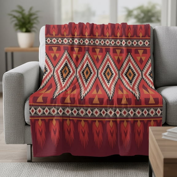 Abstract Stripes Fleece Throw Blanket Red Yellow Aztec Native Tribal Stripes Geometric Ultra Soft Fuzzy Cozy Flannel Throw Blanket for Couch Sofa Bed Car Travel, Ideal Gifts 30x40 Inches
