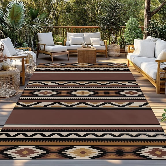 Abstract Stripes Indoor Outdoor Rugs 3x5 Ft, Brown Aztec Native Tribal Stripes Geometric Outdoor Patio Rugs Mat Washable Outside Area Rugs Carpet for Porch Deck RV Camping Pool Balcony Backyard