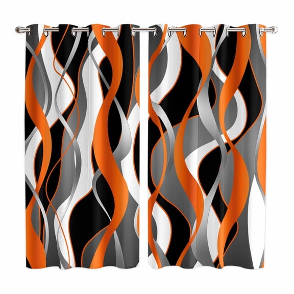 Abstract Stripes Kitchen Curtains 63 Inch Length, Retro Modern Orange Black Gray Lines Grommet Top Bedroom Living Room Curtains, Light Filtering Cafe Curtain Drapes 2 Panels Set 84''x63''