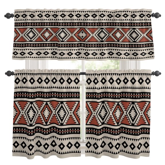 Abstract Stripes Kitchen Curtains Set for Windows, Black Orange Aztec Ethnic Tribal Stripes Geometric Curtains Valance and Tier 3 Piece Set Small Drapes 24 Inch Length for Kitchen Bedroom Decor