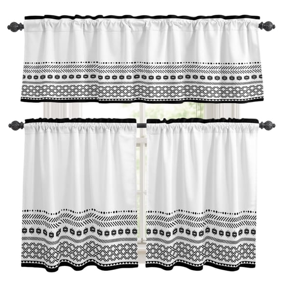Abstract Stripes Kitchen Curtains Set for Windows, Boho Aztec Black White Geometric Stripes Curtains Valance and Tier 3 Piece Set Small Drapes 36 Inch Length for Kitchen Bedroom Decor