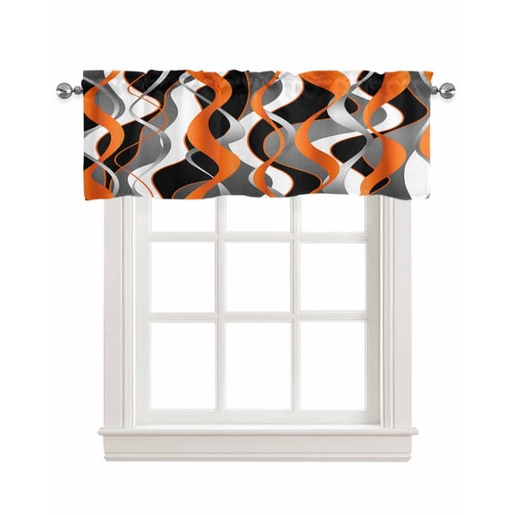 Abstract Stripes Kitchen Valances for Windows Farmhouse Linen Window Valance Curtain for Living Room Window Treatment Retro Modern Orange Black Gray Lines Valance Rod Pocket Topper, 42 x 18 Inch