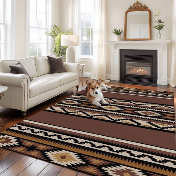 Abstract Stripes Large Area Rugs 5x8 ft Brown Aztec Native Tribal Stripes Geometric Washable Rug Non Slip Indoor Carpet Absorbent Floor Mat for Living Room Bedroom Dining Room
