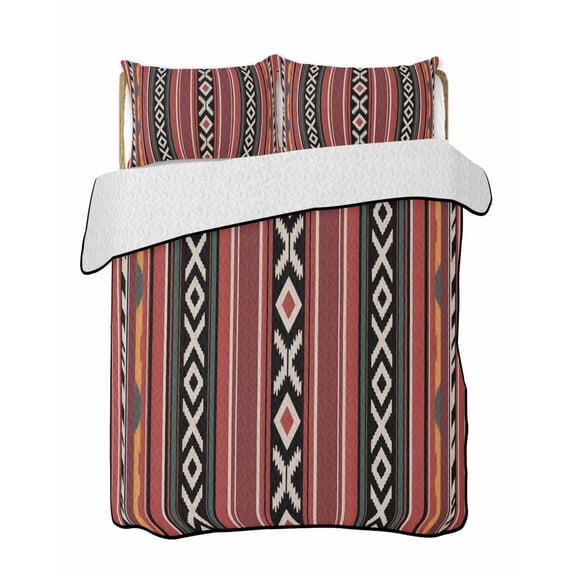 Abstract Stripes Quilts Bedding Set California King Red Black Green Aztec Ethnic Tribal Stripes Lightweight Quilted Bedspread 3 Piece Bed Quilt with 2 Pillow Shams All Season for Bedroom 96" x 106"