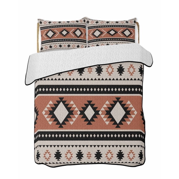 Abstract Stripes Quilts Bedding Set King Size Black Orange Aztec Native Tribal Stripes Linen Texture Lightweight Quilted Bedspread 3 Piece Bed Quilt with 2 Pillow Shams for Bedroom 90" x 96"
