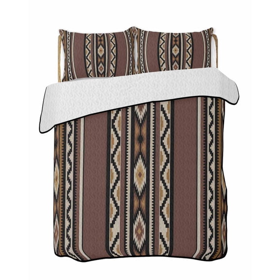 Abstract Stripes Quilts Bedding Set King Size Brown Aztec Native Tribal Stripes Geometric Lightweight Quilted Bedspread 3 Piece Bed Quilt with 2 Pillow Shams All Season for Bedroom 90" x 96"