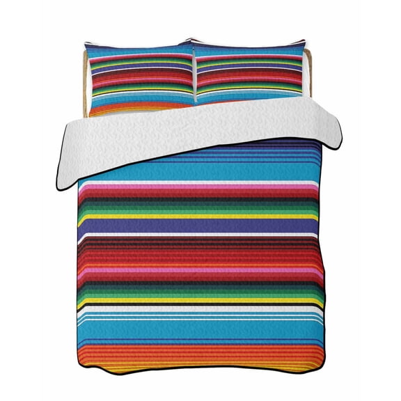 Abstract Stripes Quilts Bedding Set Twin Size Colorful Classic Mexican Stripes Lightweight Quilted Bedspread 3 Piece Bed Quilt with 2 Pillow Shams All Season for Bedroom 68" x 86"
