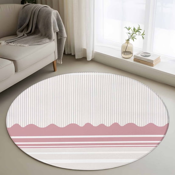 Abstract Stripes Round Area Rugs 3 ft, Abstract Pink Waves Stripe Modern Minimalist Style Washable Small Area Rug with Non-Slip Sturdy Edge Binding Round Front Door Mat Floor Carpet for Entryway