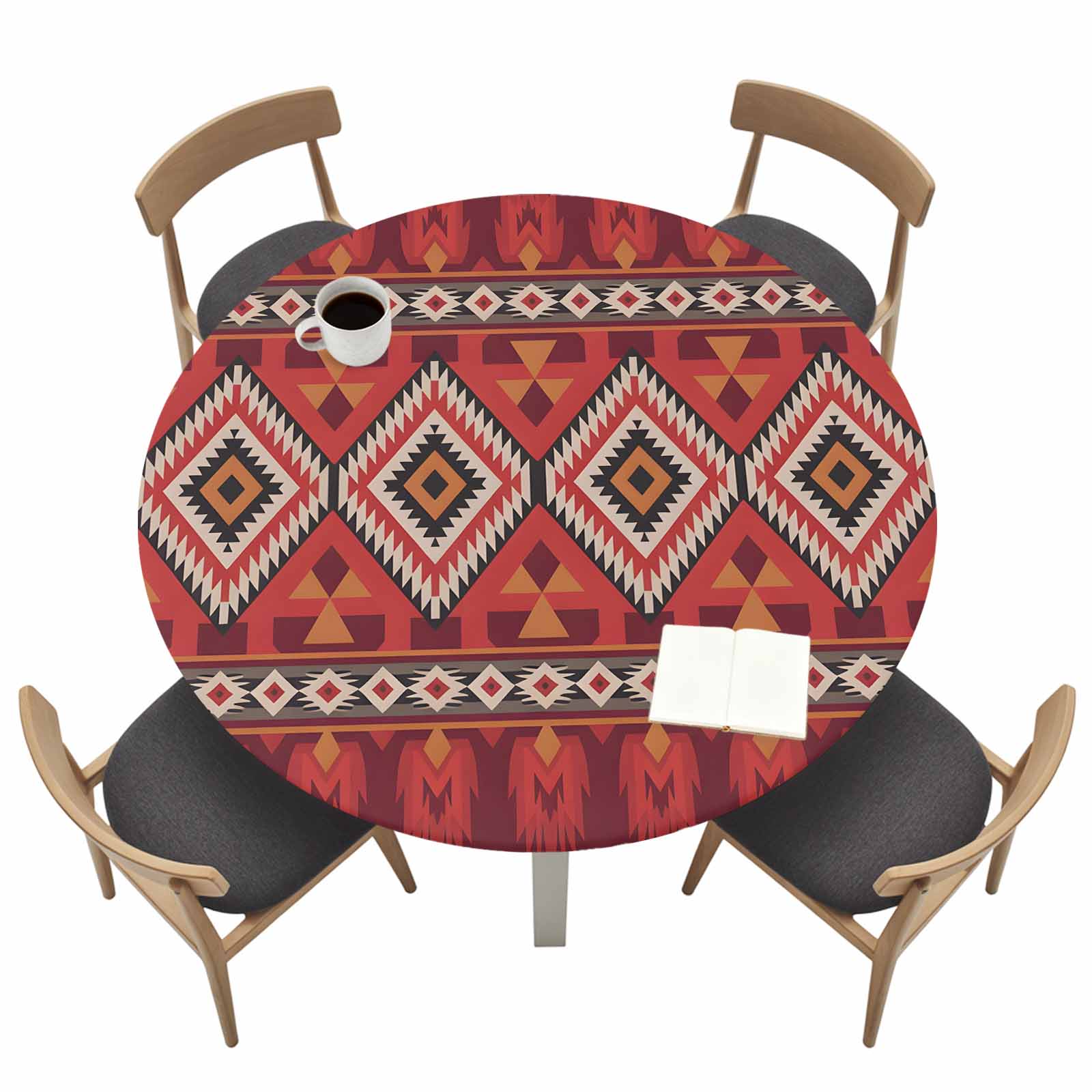 Abstract Stripes Round Fitted Tablecloth with Elastic Edge Red Yellow ...