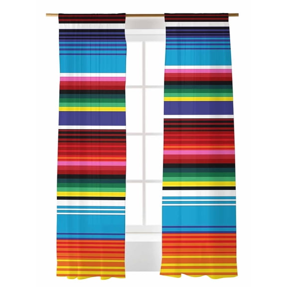 Abstract Stripes Sheer Curtains 2 Panels Set Colorful Classic Mexican Stripes Lihgt Filtering Rod Pocket Voile Drape, Semi Sheer Window Curtains for Bedroom Living Room, 52"x84"