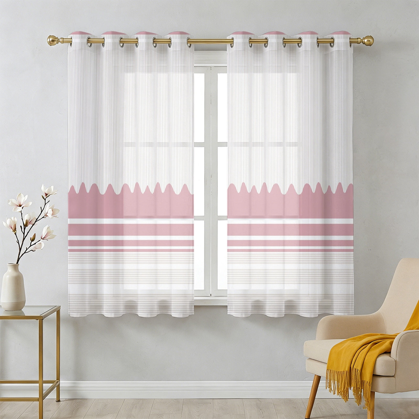 Abstract Stripes Sheer Curtains 45 Inch Long 2 Panels, Abstract Pink ...
