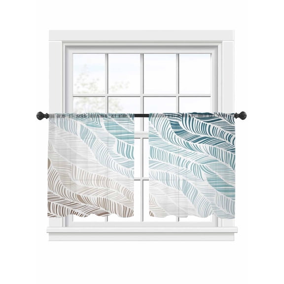Abstract Stripes Sheer Curtains 45 Inch Long 2 Panels, Teal Brown Gradient Wavy Lines Leaf Texture Light Filtering Rod Pocket Curtains, Sheer Voile Drapes for Living Room Bedroom, 52"x45"