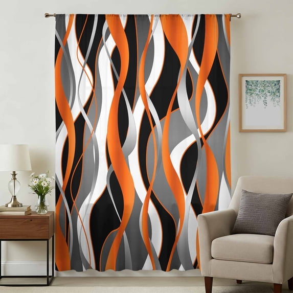 Abstract Stripes Sheer Curtains 45 Inches Long, Retro Modern Orange Black Gray Lines Light Filering Curtains, Breathable Simi Curtain Privacy Drapes for Kitchen Bathroom Small Window Treatment