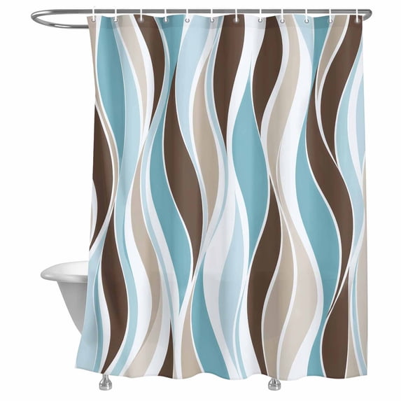 Abstract Stripes Shower Curtain, Geometric Taupe Blue Fluid Ribbons ...