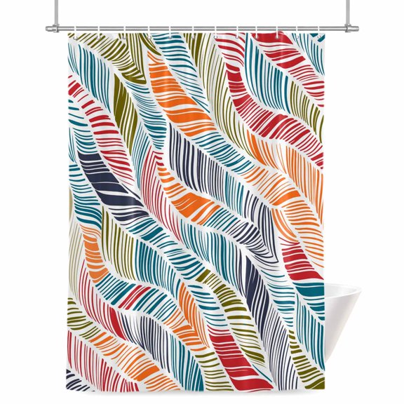 Abstract Stripes Shower Curtain, Red Orange Blue Gradient Wavy Lines Leaf Waterproof Shower Curtain Set with 12 Hooks Lightweight Bath Curtains Fabric Bathroom Decor 36x72 Inches