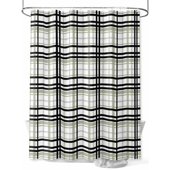 Abstract Stripes Shower Curtain, Sage Green Black Grey Plaid Waterproof Shower Curtain Set with 12 Hooks Lightweight Washable Fabric Shower Curtains for Bathroom 36x72 Inches