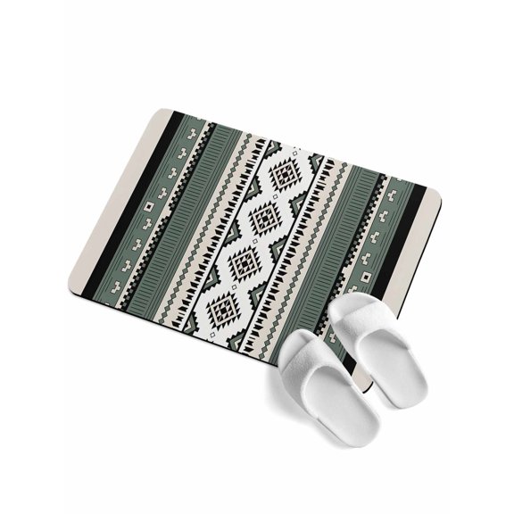 Abstract Stripes Soft Diatomaceous Earth Mat, Green Beige Aztec Native Tribal Stripes Geometric Absorbent Bath Mat Non Slip Rubber Backed Quick Dry Doormat Fit Under Door for Bathroom Kitchen 16"x24"