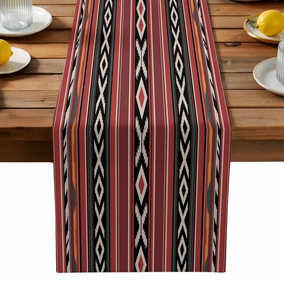 Abstract Stripes Table Runner, Red Black Green Aztec Ethnic Tribal Stripes Washable Kitchen Table Runners Dress Scarves for Dining Table Decorations Party, 13x108in