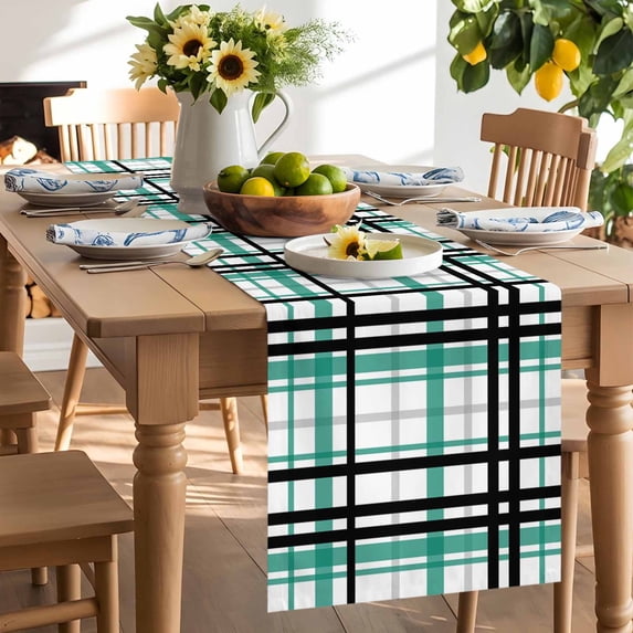 Abstract Stripes Table Runner, Turquoise Black Grey Plaid Washable ...