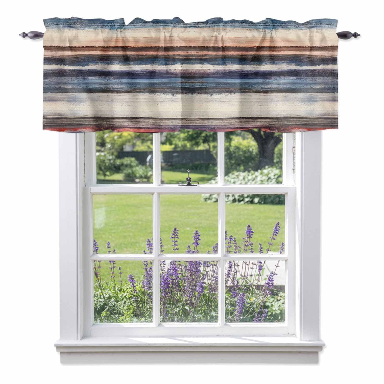 Abstract Stripes Valance Curtains for Windows, Coastal Blue Beige ...