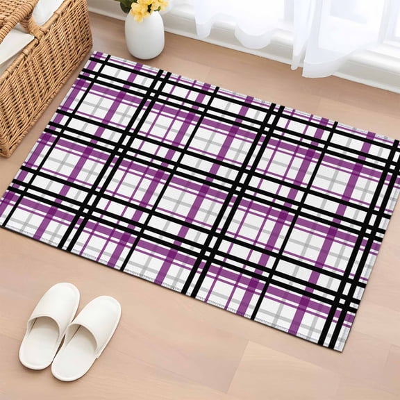 Abstract Stripes Washable Small Entryway Area Rugs 2'x3', Purple Black Grey Plaid Low Pile Throw Rug Non-Slip Sturdy Edge Binding Carpet for Front Door Floor Room Entry