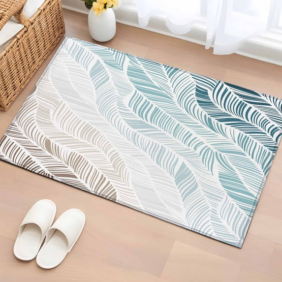 Abstract Stripes Washable Small Entryway Area Rugs 2'x3', Teal Brown Gradient Wavy Lines Leaf Texture Low Pile Throw Rug Non-Slip Sturdy Edge Binding Carpet for Front Door Floor Room Entry