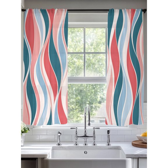 Abstract Stripes Window Sheer Curtain Geometric Curves Teal Blue Red Fluid Ribbons Wavy Lines Semi Curtain Sheers Light Filtering Rod Pocket Voile Drapes for Living Room 52 X 63 Inch, 2 Panels