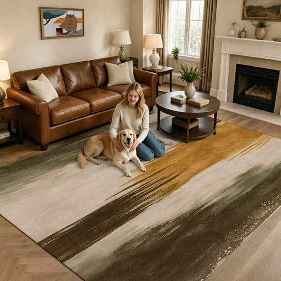 Abstract Strokes Area Rugs 5x7ft Rustic Beige Brown Green Brushes ...
