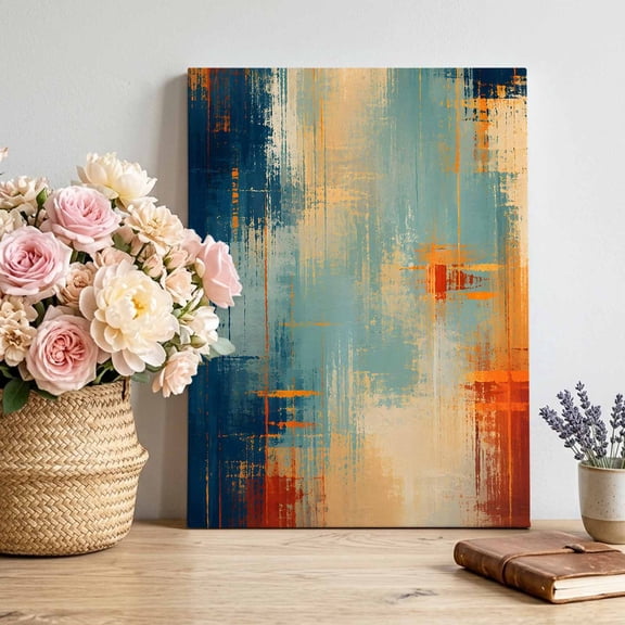 Abstract Strokes Canvas Wall Art, Fall Modern Geometric Blue Beige Orange Lines Framed Canvas Wall Decor Picture Print Artwork Decorations for Living Room Office Ready to Hang 10" x 8"