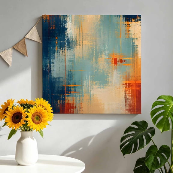 Abstract Strokes Canvas Wall Art, Fall Modern Geometric Blue Beige Orange Lines Framed Canvas Wall Decor Picture Print Artwork Decorations for Living Room Office Ready to Hang 8" x 8"