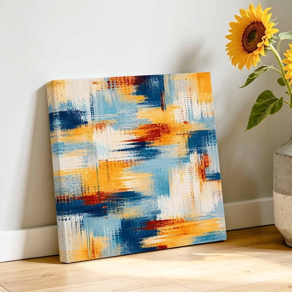 Abstract Strokes Canvas Wall Art, Fall Modern Geometric Blue Yellow Brown Lines Pictures Wall Decor Wooden Framed Artwork Art Prints for Living Room Hallway Bedroom Office 8"x8"