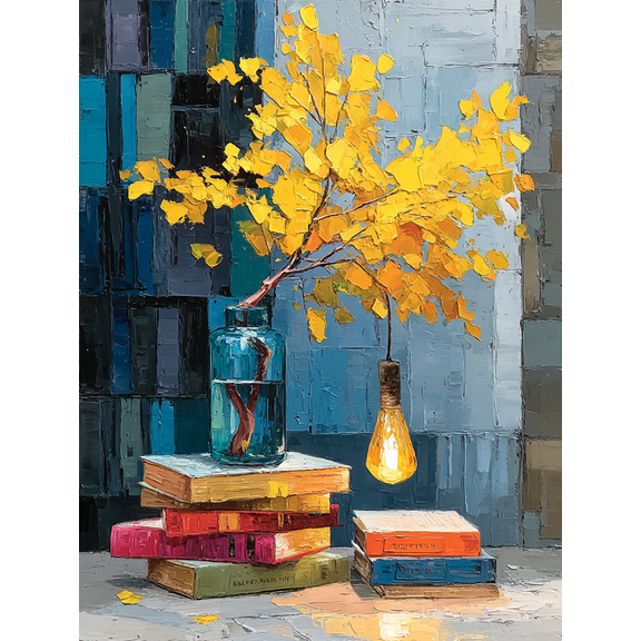 Abstract Studying Canvas Art, Tree Growing From Books Painting, Classroom Library Wall Decor