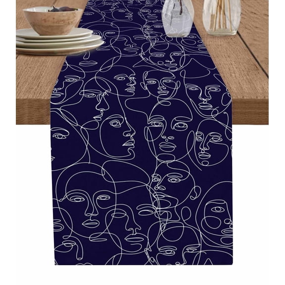 Abstract Style Burlap Cotton Table Runner 13x36 Inches Short, Face Line Modern Character Art Navy Blue Farmhouse Table Runners, Outdoor Dining Tablecloths Decor for Baby Shower/Party/Wedding