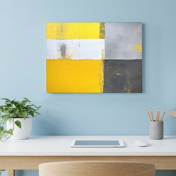 Abstract Style Canvas Wall Art, Yellow Gary Color Block Oil Painting ...