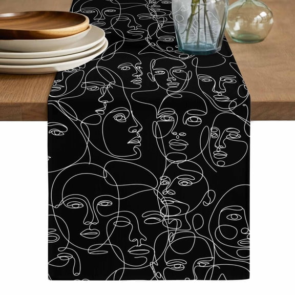 Abstract Style Cotton Linen Table Runner for Dining Kitchen, Black Face Line Modern Character Art Wedding Outdoor Party Tablerunners Decoration, Dresser Scarf Coffee Tablecloth Runners 13x36 Inches
