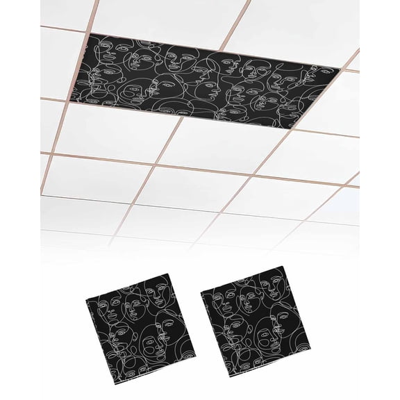 Abstract Style Fluorescent Light Covers for Ceiling Lights 4x2 feet,2 Pack Magnetic Light Filters for Classroom,Black Face Line Modern Character Art Fluorescent Light Shade Panel for Office School