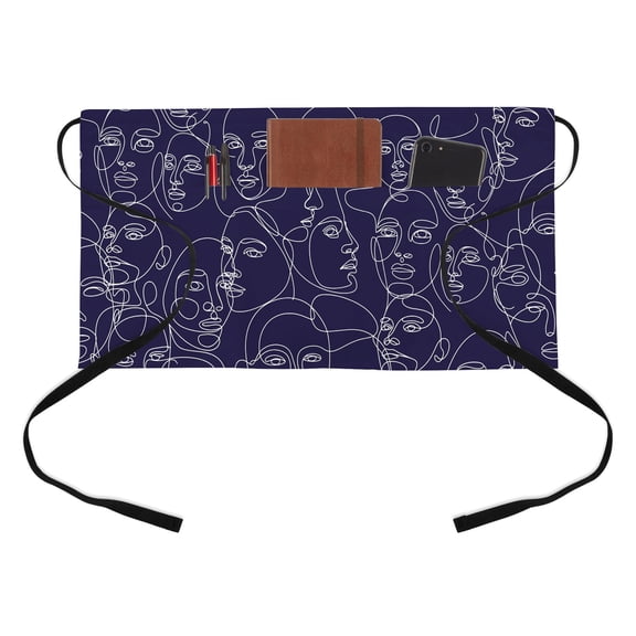 Abstract Style Half Waist Apron Blue Modern Simple Character Line Short Waiter Aprons with 3 Pockets for Women Men Kitchen Restaurant Cooking