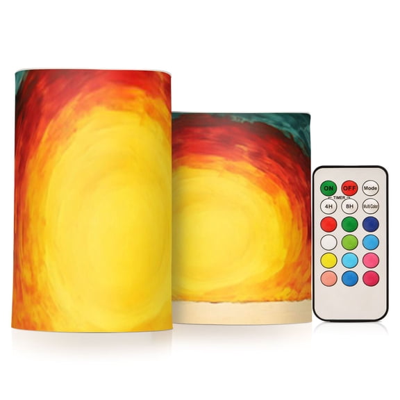 Abstract Style Huge Sunset Flickering Flameless Candles Battery Operated with Remote Timer LED Pillar Candles Set of 2