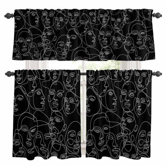Abstract Style Kitchen Curtains Sets for Windows 36 Inch Length, Black Face Line Modern Character Art Rod Pocket Window Treatments Tier Curtains and Valances Set for Bedroom/Bathroom
