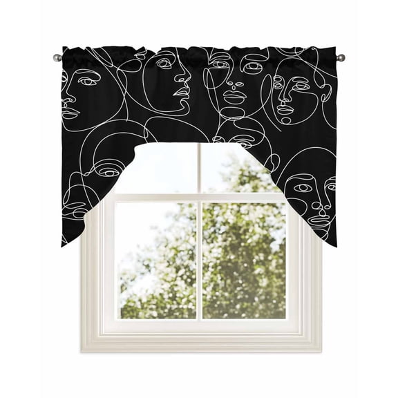 Abstract Style Kitchen Swag Valance for Window,Rod Pocket Short Kitchen Curtains&nbsp;36 Inch Length,Black Face Line Modern Character Art Swag Topper Small Window Treatment for Cafe Bathroom Bedroom
