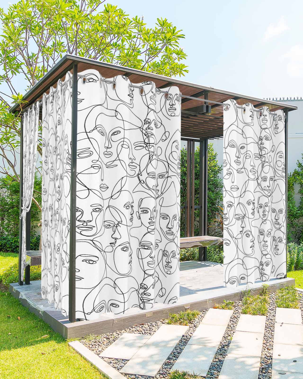 Abstract Style Outdoor Curtains for Patio, Face Line Modern Character Art White Privacy Drapes Grommet Waterproof Outside Curtains for Porch/Cabana/Balcony 54"x 108", 1 Panel