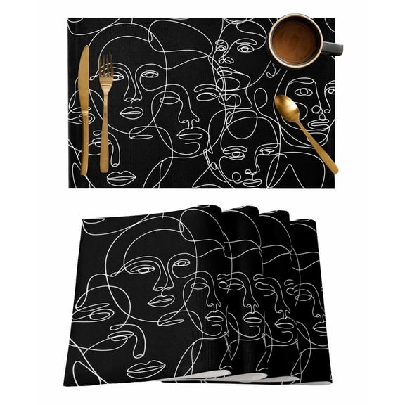 Abstract Style Placemats Set of 1 Black Modern Simple Character Line Heat Insulation Washable Place Mats, Rustic Non-Slip Table Mats for Dining Table Party Kitchen Decor,13x19 Inch