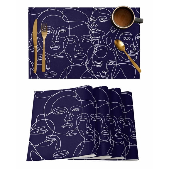 Abstract Style Placemats Set of 1 Blue Modern Simple Character Line Heat Insulation Washable Place Mats, Rustic Non-Slip Table Mats for Dining Table Party Kitchen Decor,13x19 Inch