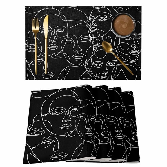 Abstract Style Placemats Set of 4, Black Face Line Modern Character Art Placemats for Dining Table, Place Mats for Kitchen Tabletop, Waterproof Wipeable Dining Table Mats Set