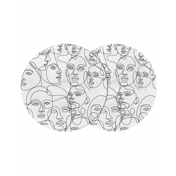 Abstract Style Round Placemats Set of 2 for Dinning Tables,Heat-proof Braided Table Mats 13 Inch,Face Line Modern Character Art White Washable Place Mat for Kitchen Restaurant Party Table Decor