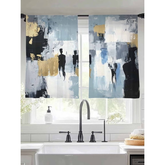 Abstract Style Sheer Curtains 45 Inches Long 2 Panels Black Grey Blue Gold Oil Painting Color Block Light Filtering Semi Sheer Window Curtains Drapes for Bedroom Living Room 52"x45"