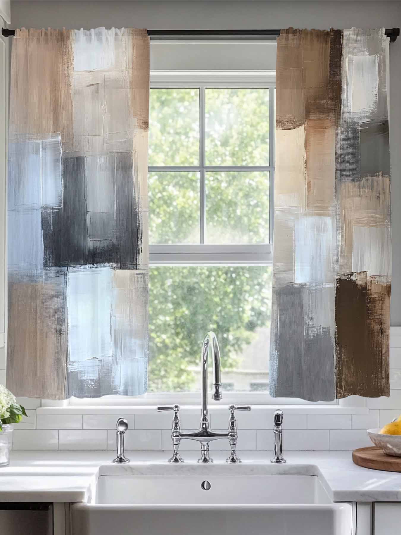 Abstract Style Sheer Curtains 72 Inches Long 2 Panels Khaki Brown Color ...