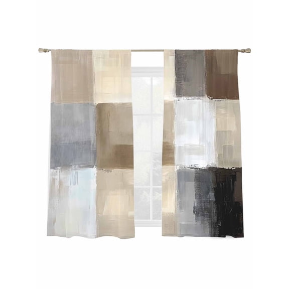 Abstract Style Sheer Curtains for Living Room Bedroom, Light-filtering Sheer Curtain, Beige Brown Color Block Modern Oil Painting Rod Pocket Voile Window Treatment Drapes, 52’’Wx63’’L, 2 Panels Set