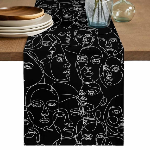 Abstract Style Short Table Runner 36 Inches Long,Black Face Line Modern Character Art Cotton Linen Table Runners Dresser Scarves,Fabric Tabletop Scarf Furniture Cover for Home Dinner Party 13"x36"